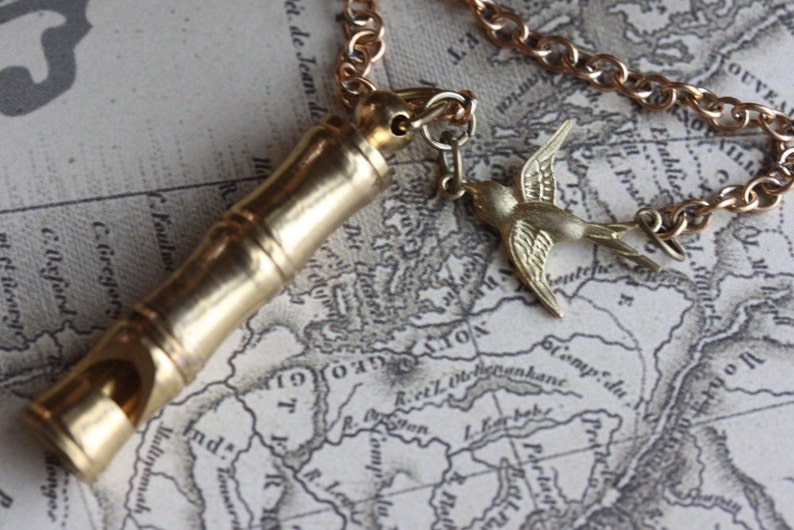 Gold Whistle Necklace Vintage Whistle Necklace Bamboo Brass Whistle with/without Bird Charm Hiking Whistle Steampunk Jewelry Gift for her image 2