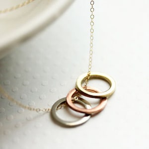 Three Circle Necklace Mixed Metal Colored Ring Necklace Gift For Her Three Sisters Necklace, Copper, Silver and Gold