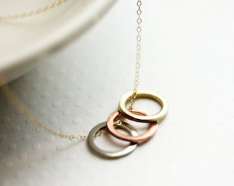 Three Circle Necklace Eternity Necklace Mixed Metal Colored Ring Necklace Gift For Her Three Sisters Necklace Copper Silver and Gold
