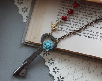 Vintage Skeleton Key Necklace Turquoise Rose Key Necklace Gift For Her Steampunk Jewelry Large Key Pendant