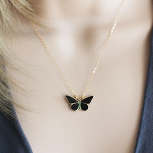 Vintage Black Enamel Butterfly Necklace: Gold Filled Chain