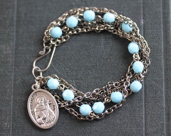 Rosary Bracelet Saint Francis  Metal  Aqua Glass and Brass Rosary Beads Catholic Charm Metal Gift For Her