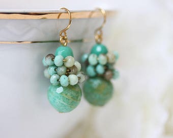 Turquoise Cluster Earrings Turquoise Dangle Earrings Green Gemstone Earrings Gift For Her