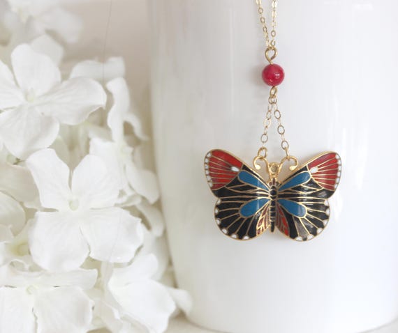 Butterfly Necklace Vintage Butterfly Pendant Botanical Jewelry Enamel Butterfly Pendant Gift For Her
