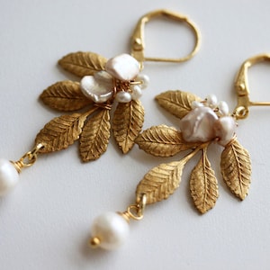 Leaf Earrings Gold Leaf Earrings Pearl Leaf Earrings Wedding Earrings