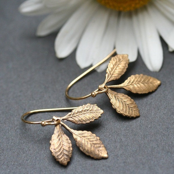 Leaf Earrings Golden Leaf Earring Small Branch Earrings Woodland Jewelry Botanical Jewelry Gift For Her