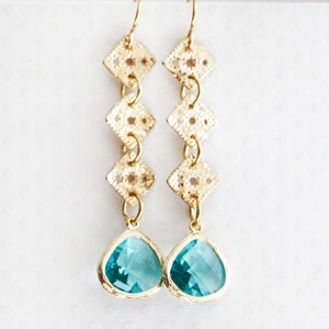 Aqua Blue Earrings Long Dangle Earring Victorian Earrings Gift For Her Bridgerton Jewelry Gold and Aqua Earrings image 3