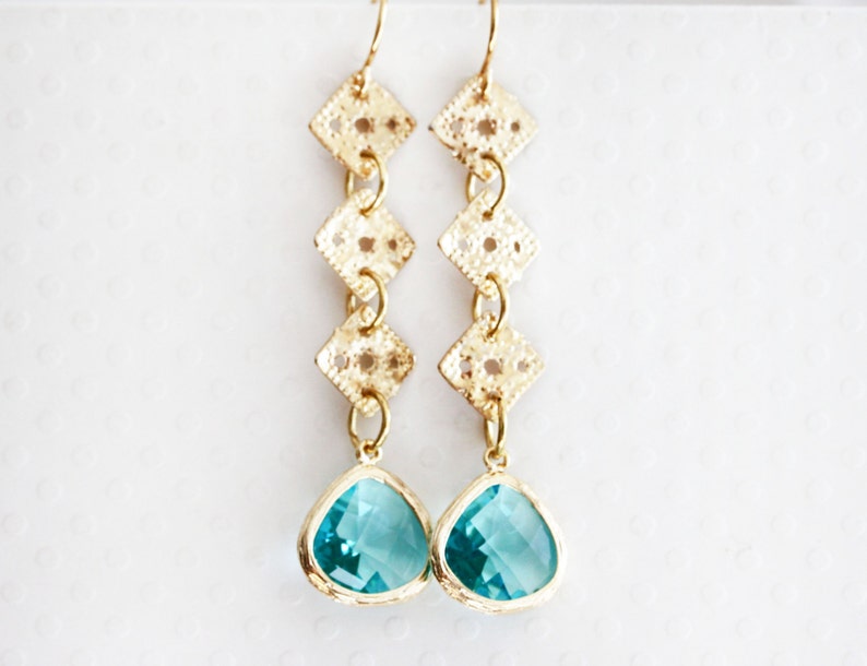 Aqua Blue Earrings Long Dangle Earring Victorian Earrings Gift For Her Bridgerton Jewelry Gold and Aqua Earrings image 3