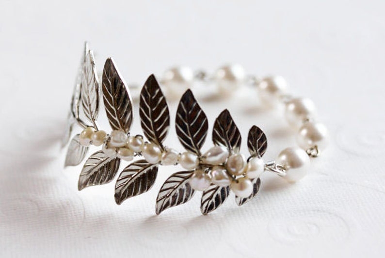 Silver Leaf Bracelet Leaf Wedding Bracelet Pearl Cuff Bracelet Etsy