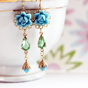 Long Blue Flower Earrings Turquoise Dangle Earrings Vintage Style Earrings