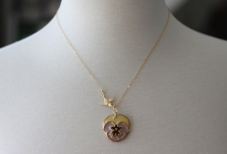Pansy Necklace Pansy Pendant With Gold Bird Pansy Gift for Her Etsy