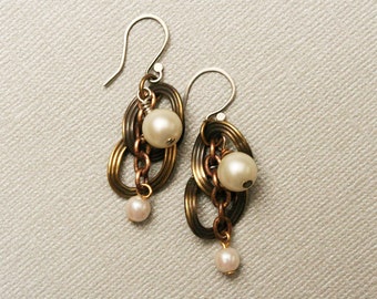 Pearl Bohemian Earrings Mixed Metal Hoop Earrings Hoop And Chain Pearl Earrings Gift For Her Boho Jewelry