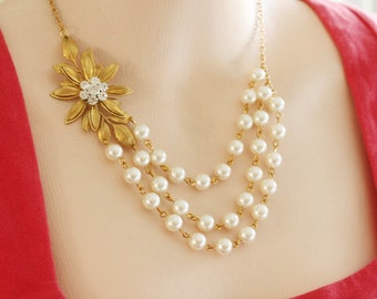 Gold Flower Necklace Gold Pearl Necklace Gift For Her Bridesmaids Necklace Gold  Leaf Necklace Rhinestone Flower Necklace