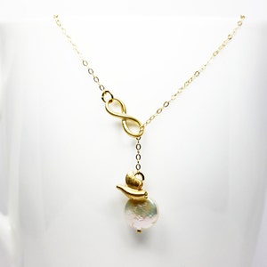 Pearl Infinity Necklace 3D Bird Charm Coin Pearl Gift For Her June Birthstone 14 karat Fine Gold Filled Chain image 2