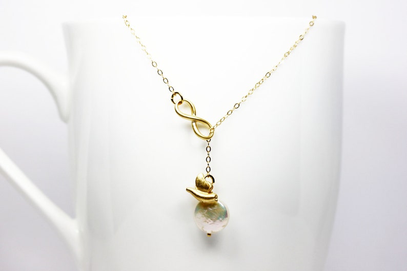 Pearl Infinity Necklace 3D Bird Charm Coin Pearl Gift For Her June Birthstone 14 karat Fine Gold Filled Chain image 2