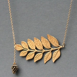 Gold Leaf Necklace: Fern & Pinecone Charm, 14K Gold Filled