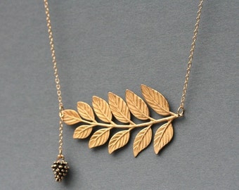 Gold Leaf Necklace, Gold Fern Necklace, With Pinecone Charm 14 Karat Gold Filled Chain, Woodland Jewelry