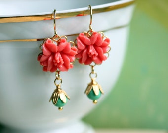 Coral Flower Earrings Turquoise Stone Bead Lucite Coral Colored Flower Victorian Style Coral Flower Earrings Coral Coral Gift For Her