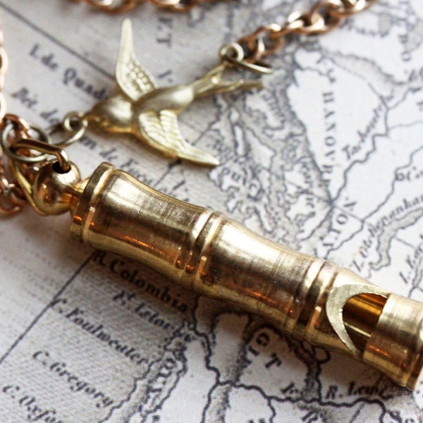 Gold Whistle Necklace Vintage Whistle Necklace Bamboo Brass Whistle with/without Bird Charm Hiking Whistle Steampunk Jewelry Gift for her