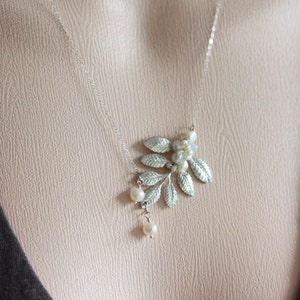 Silver Leaf Necklace Leaf Wedding Necklace Pearl Necklace Wedding Jewelry Gift For Her