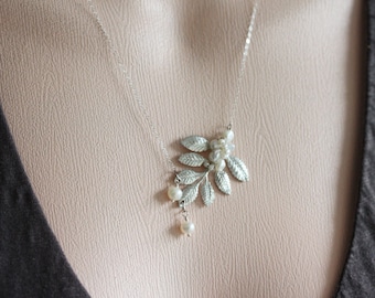 Silver Leaf Necklace Leaf Wedding Necklace Pearl Necklace Wedding Jewelry Gift For Her