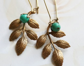 Turquoise Leaf Earrings Boho Earrings Dangle Earring Boho Jewelry Gift For Her Woodland Earrings