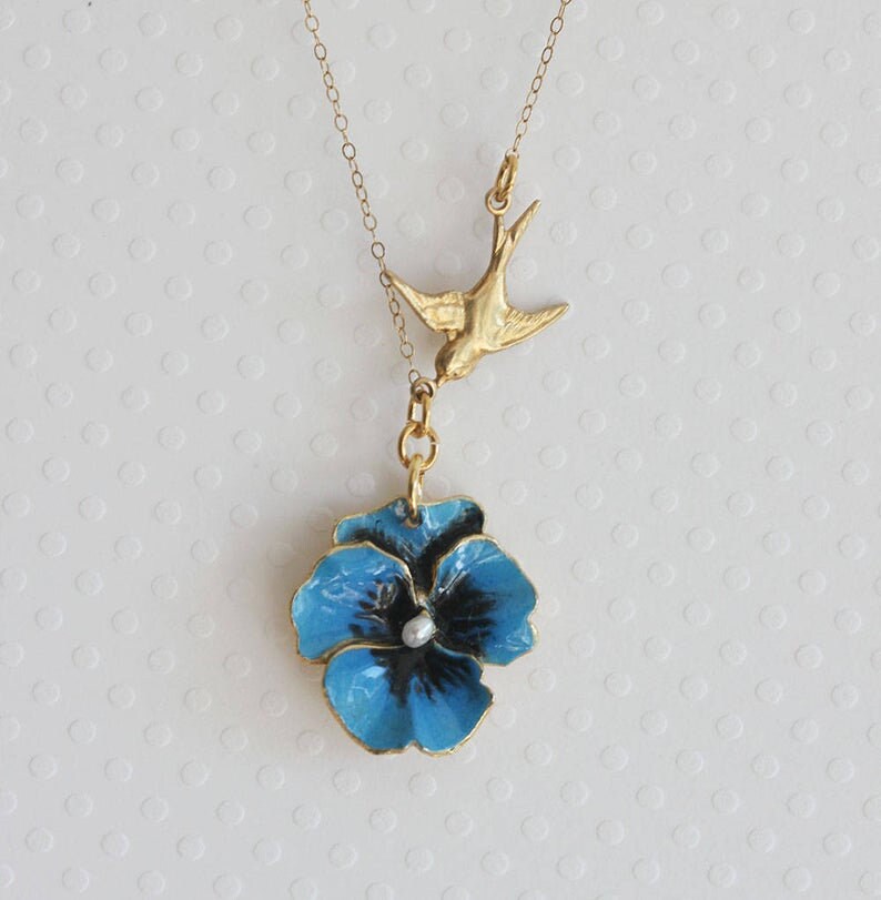 Blue Flower Pendant Blue Pansy Necklace Small Flower Vintage Etsy