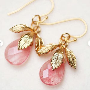 Pale Pink Earrings Strawberry Quartz Earrings Pink and Gold Earrings Pink Leaf Earrings image 4
