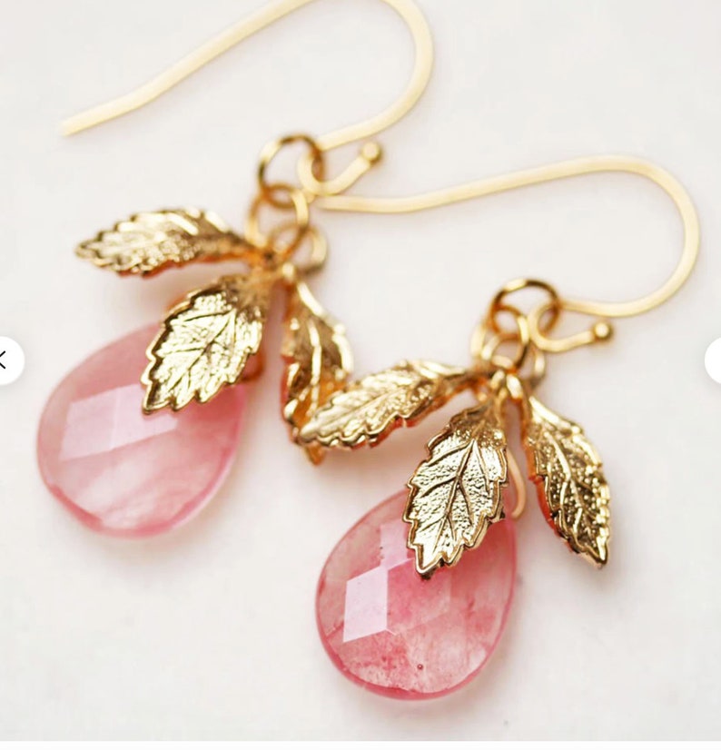 Pale Pink Earrings Strawberry Quartz Earrings Pink and Gold Earrings Pink Leaf Earrings image 4