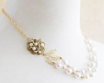 Pearl Wedding Necklace Pearl Leaf Bridal Necklace Double Strand Wedding Necklace Vintage Bridal  Jewelry