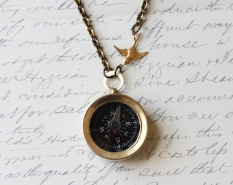 Never Lost Compass Necklace Brass Compass With Bird Working Compass Necklace, Bohemian Chain