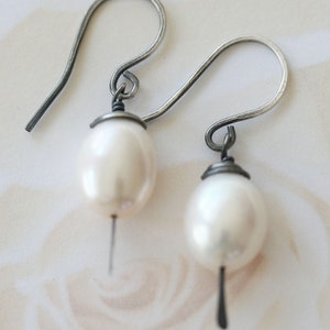 Oxidized Sterling Pearl Earrings Oxidized Sterling Earrings Modern Pearl Earrings Pearl Jewelry Gift For Her image 3