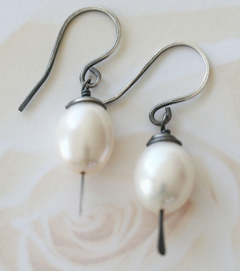 Oxidized Sterling Pearl Earrings Oxidized Sterling Earrings Modern Pearl Earrings Pearl Jewelry Gift For Her image 3