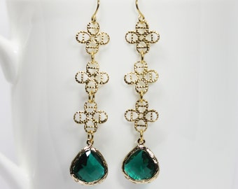 Emerald Earrings Green Crystal  Earrings Long Gold Filigree Dangle Earrings Gift For Her May Birthday