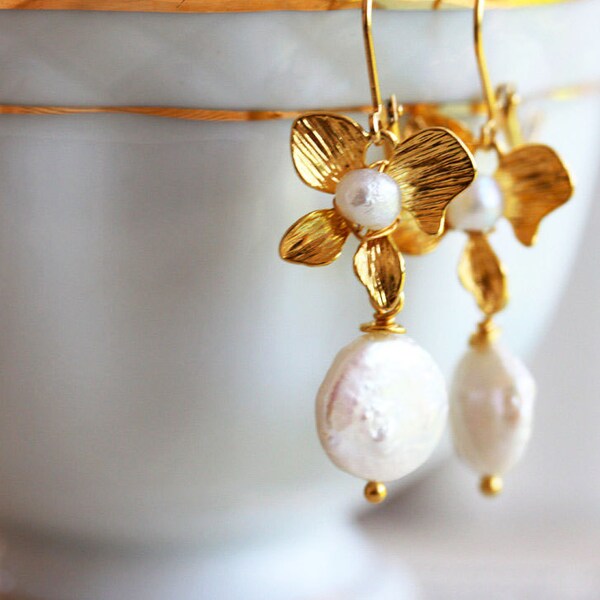 Gold Flower Earrings White Coin Pearl Earrings Small Flower Earrings Gift For Her