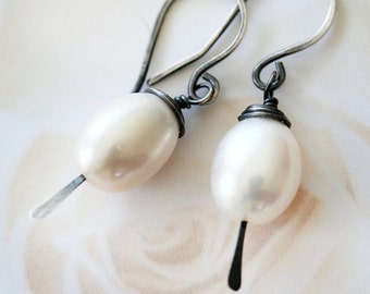 Oxidized Sterling Pearl Earrings Oxidized Sterling Earrings Modern Pearl Earrings Pearl Jewelry Gift For Her