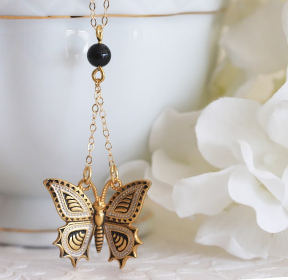 Black and White Butterfly Necklace Butterfly Pendant Vintage