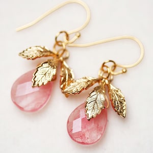 Pale Pink Earrings Strawberry Quartz Earrings Pink and Gold Earrings Pink Leaf Earrings image 1