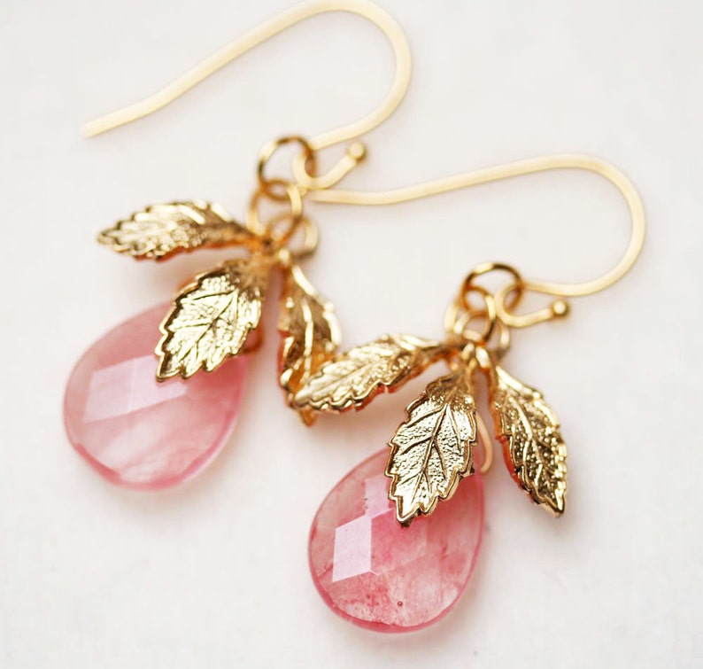 Pale Pink Earrings Strawberry Quartz Earrings Pink and Gold Earrings Pink Leaf Earrings image 1