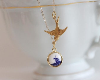 Dutch Necklace Delft Necklace  Dutch Pendant Windmill Necklace Gift For Her