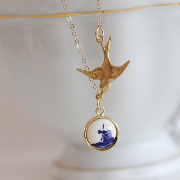 Dutch Necklace Delft Necklace  Dutch Pendant Windmill Necklace Gift For Her