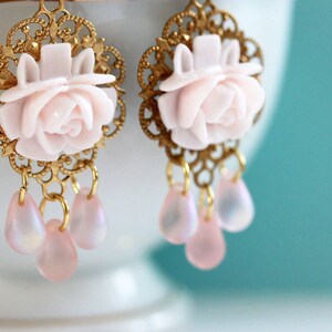 Pink Flower Earrings Pink Chandelier Earrings Pink Dangle Earrings Botanical Jewelry Gift For Her