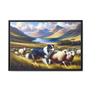 Framed Wall Art, Colorful Landscape with Border Collie, Sheep, Farmhouse Decor, Country Living, Gift for Animal Lovers, Home Decoration