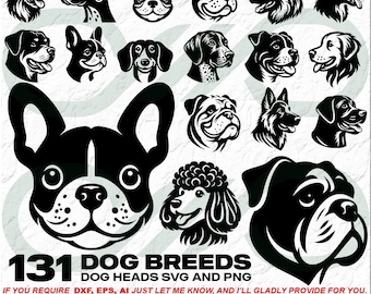 Pacchetto di file SVG e PNG con teste di razze canine: 131 file di taglio (uso commerciale)