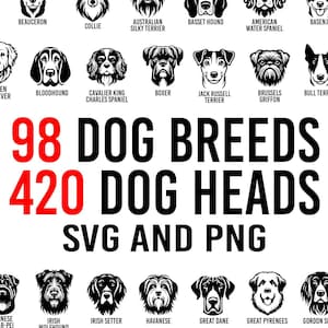 Paquete SVG PNG de razas de perros / Paquete SVG PNG de cabezas de perro / Archivos de corte SVG de cabezas de perro para Cricut / Imágenes prediseñadas de razas de perros / Uso comercial