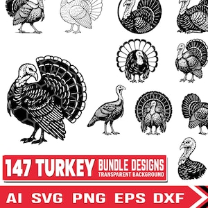 147 Turkey Design svg png dxf bundle designs | Turkey Silhouette, SVG Cutfiles for cricut and lasercut | Thanksgiving Turkey |Commercial Use