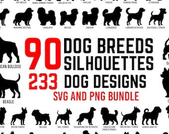 Pacchetto SVG e PNG di razze di cani / Silhouette di razze di cani e file di taglio SVG per Cricut / Vettorializza pacchetto di razze di cani / Clipart di cani