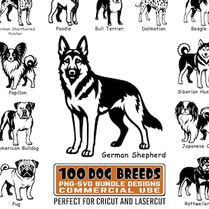 May include: A collection of black and white dog breed illustrations including a German Shorthaired Pointer, Poodle, Bull Terrier, Dalmatian, Beagle, Papillon, German Shepherd, Siberian Husky, American Bulldog, Japanese Chin, Pug, and Rottweiler.