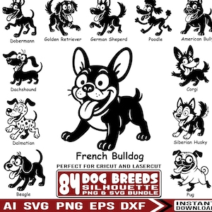 Bundel met SVG- en PNG-ontwerpen van 84 hondenrassen | Silhouet van hondenrassen in SVG-formaat voor Cricut en lasersnijden | Lasersnijontwerpen van hondenrassen in SVG-, PNG- en DXF-formaat | Commercieel gebruik