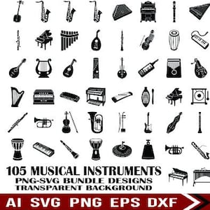 Może przedstawiać: Kolekcja 105 czarno-białych ikon instrumentów muzycznych ułożonych w siatkę, obejmująca różne instrumenty strunowe, perkusyjne i dęte. Tekst na dole brzmi 105 MUSICAL INSTRUMENTS PNG-SVG BUNDLE DESIGNS TRANSPARENT BACKGROUND.